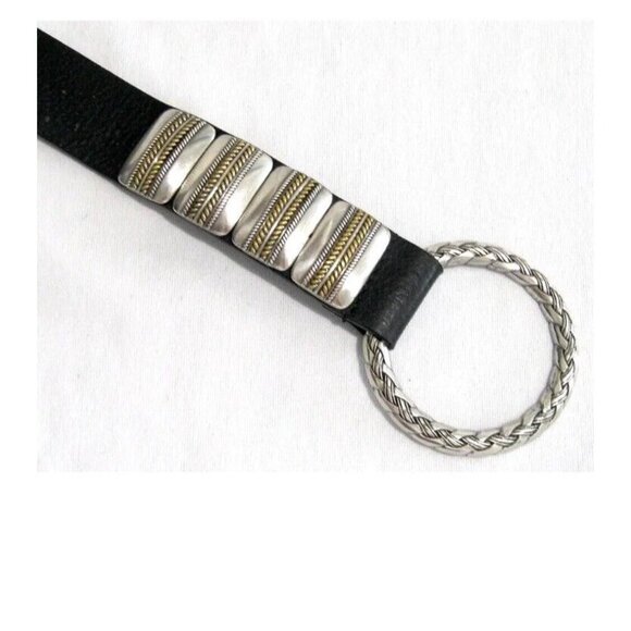 Chico's Western Silver Tone Concho Ring Hook Buckle M/L Black Leather Belt - Picture 5 of 16